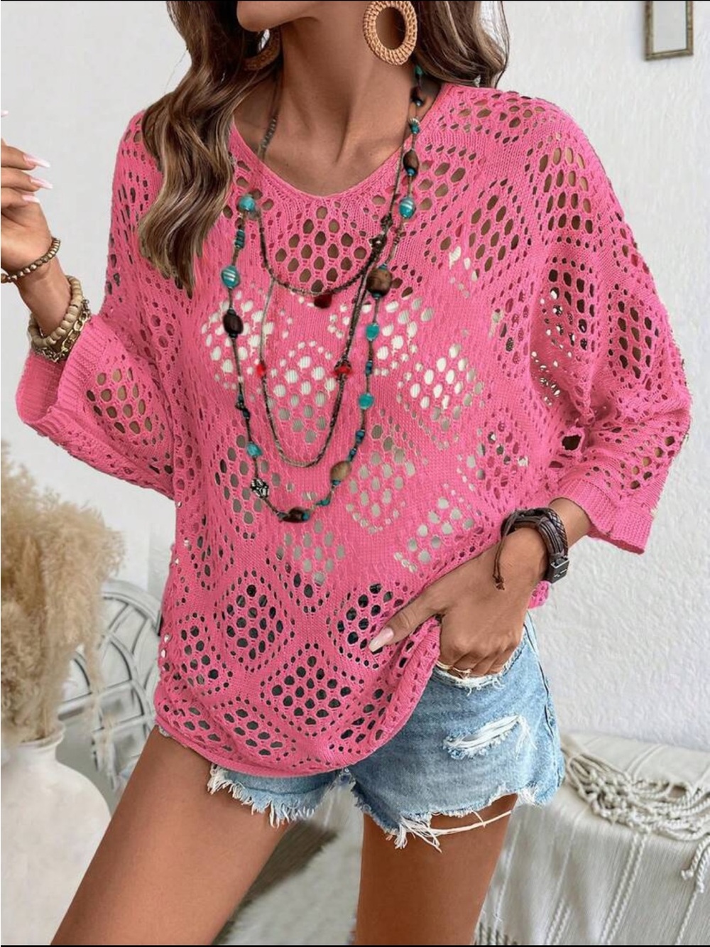 Pink Open-Knit Diamond Top